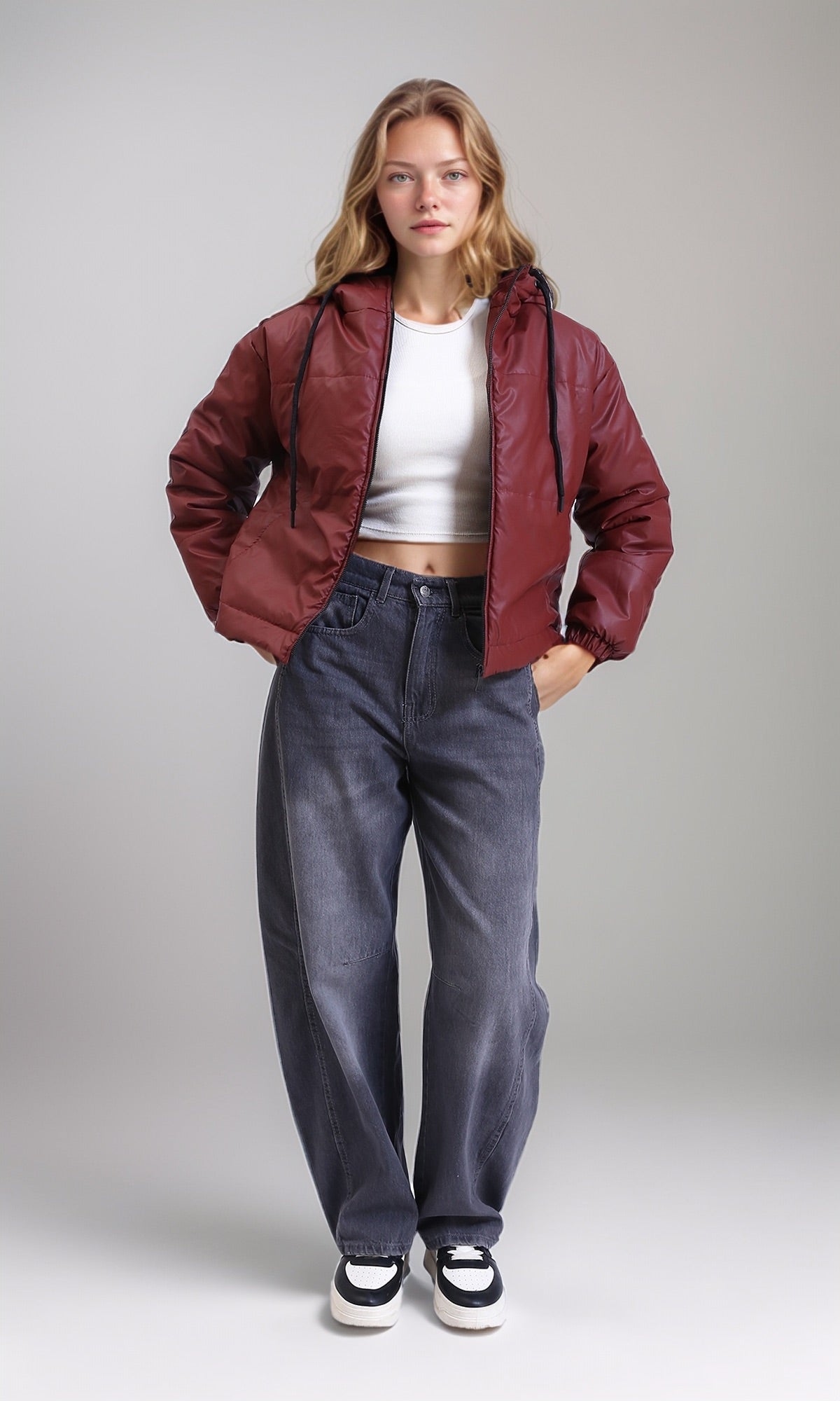 R211822 - Long Sleeves Zipped Bomber Jacket - Burgundy