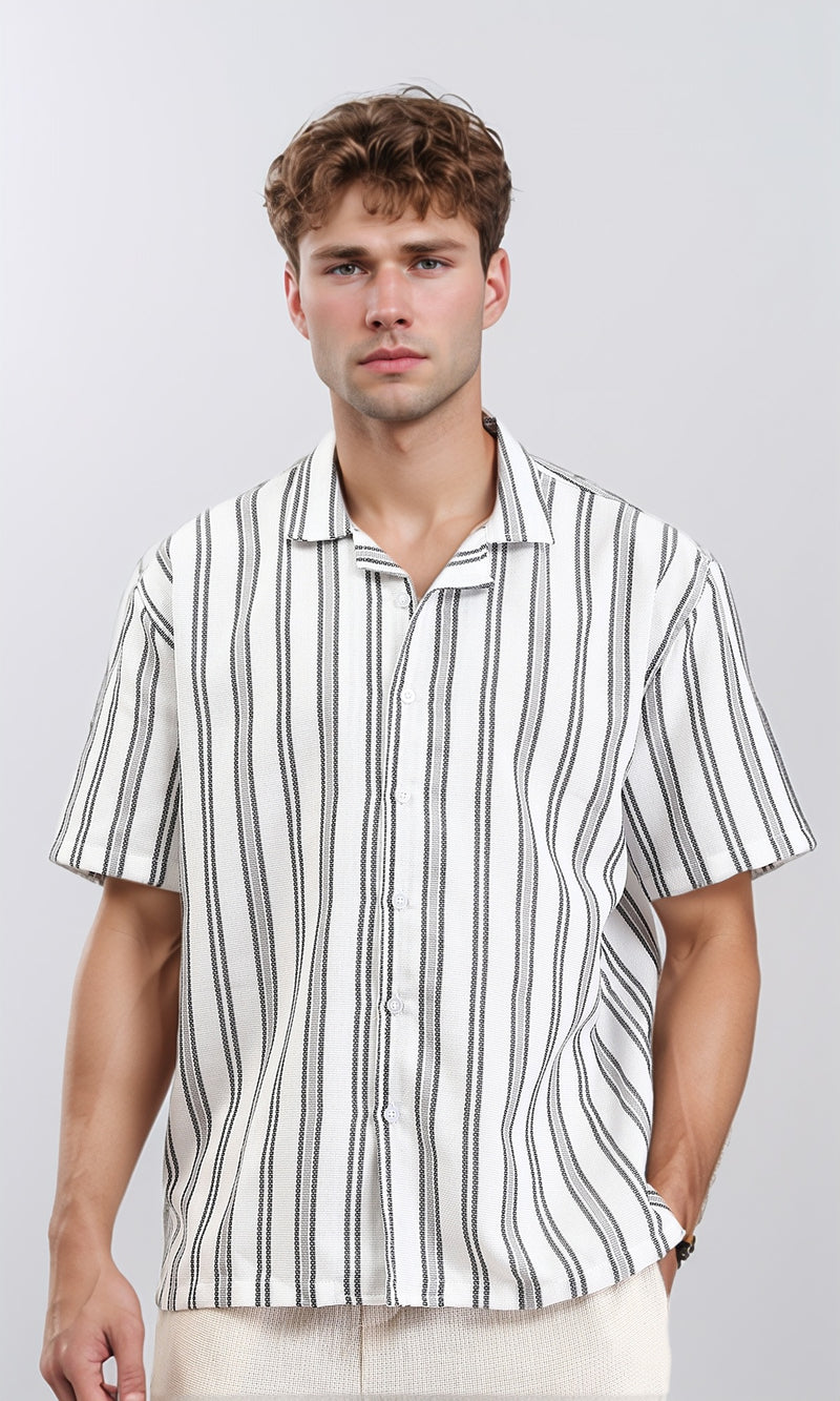 R211851 - Classic Collar Striped Summer Shirt - White & Black