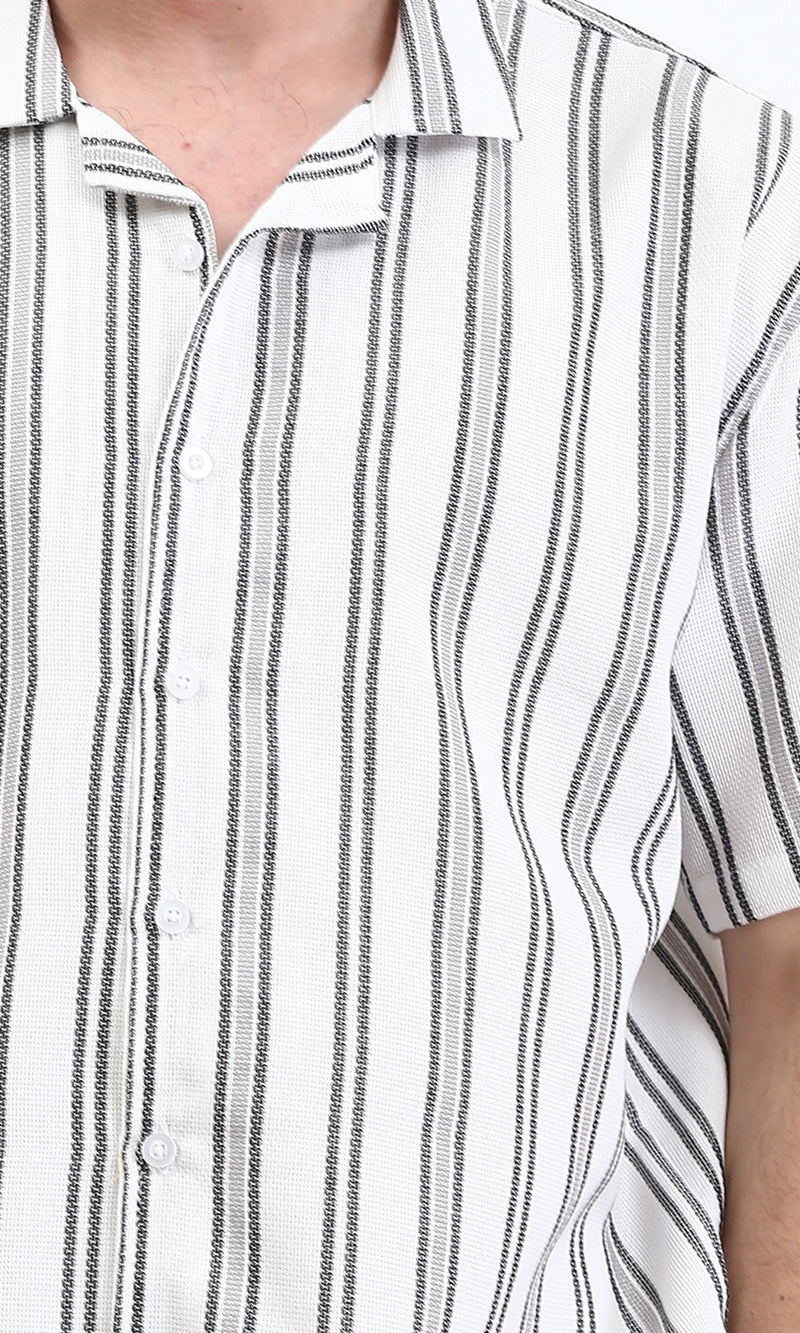 R211851 - Classic Collar Striped Summer Shirt - White & Black