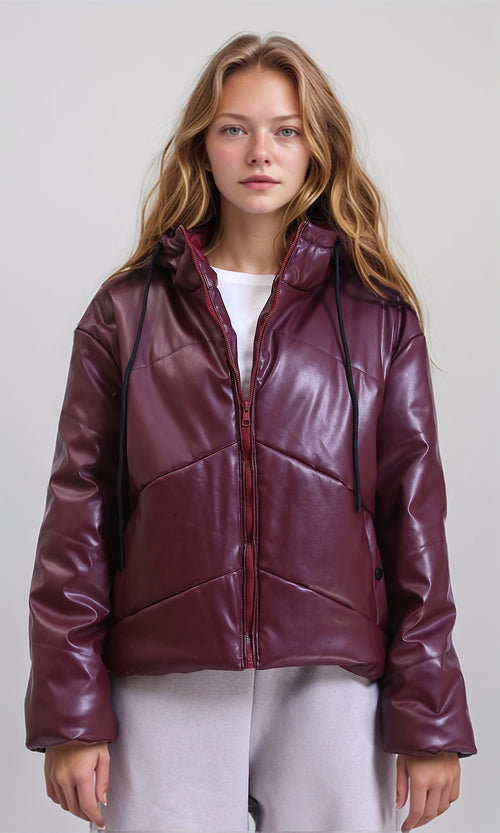 R211853 - Hooded Neck Shiny Bomber Jacket - Burgundy
