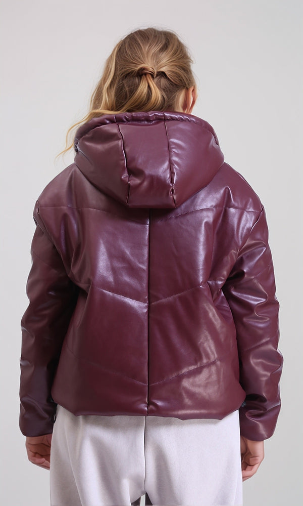 R211853 - Hooded Neck Shiny Bomber Jacket - Burgundy