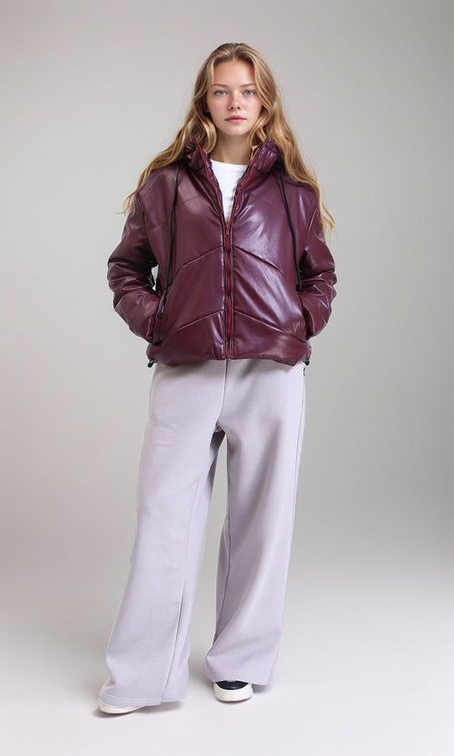 R211853 - Hooded Neck Shiny Bomber Jacket - Burgundy