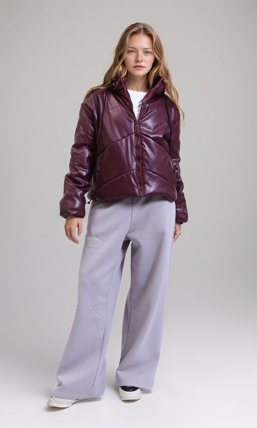 R211853 - Hooded Neck Shiny Bomber Jacket - Burgundy