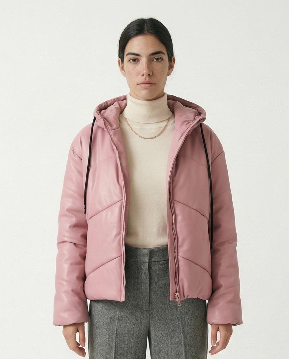 Women's Chevron-Quilted Faux Leather Cropped Puffer Jacket with Hood - Dusty Mauve Pink