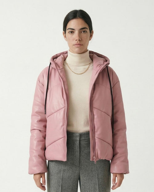 Women's Chevron-Quilted Faux Leather Cropped Puffer Jacket with Hood - Dusty Mauve Pink