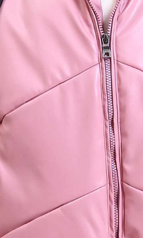 R211854 - Hooded Neck Shiny Bomber Jacket - Light Pink