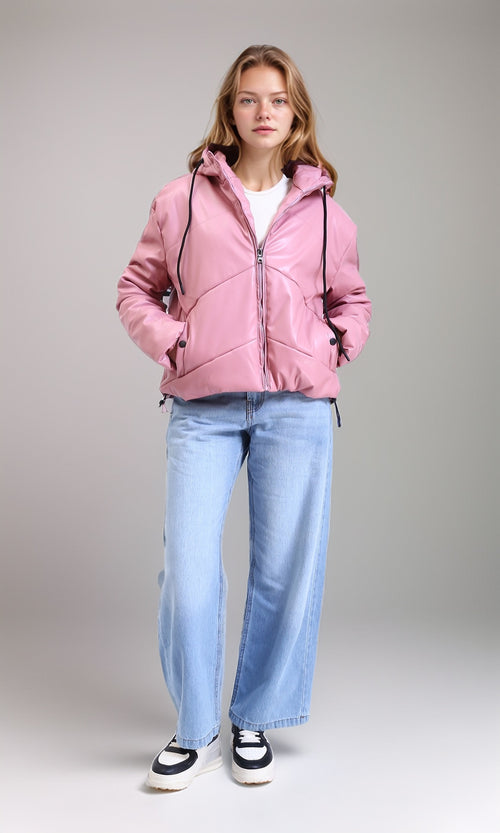 R211854 - Hooded Neck Shiny Bomber Jacket - Light Pink