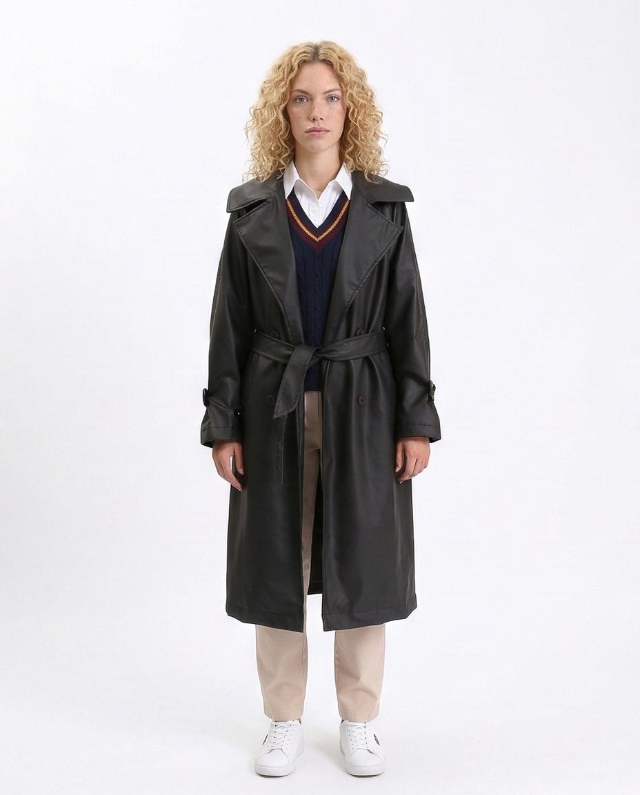 Faux-Leather Belted Long Trench Coat