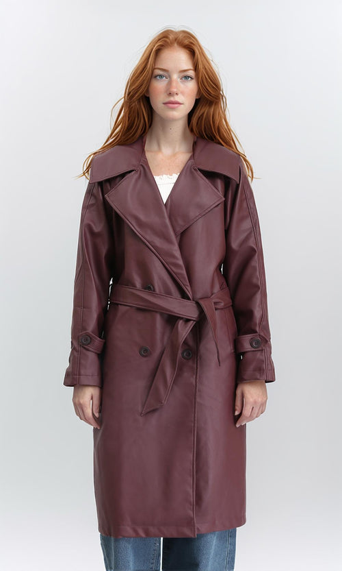 R211880 - Notched Lapel Buttoned Leather Coat - Burgundy