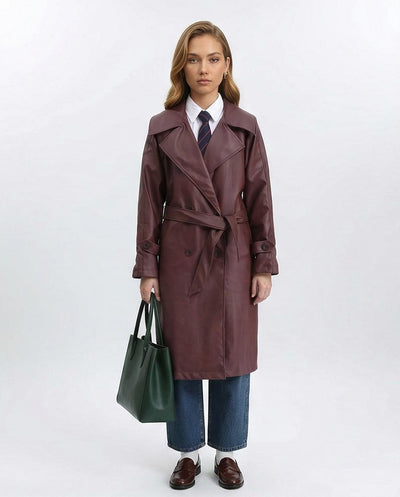 Burgundy Faux-Leather Belted Trench Coat