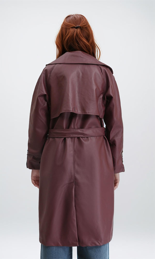R211880 - Notched Lapel Buttoned Leather Coat - Burgundy