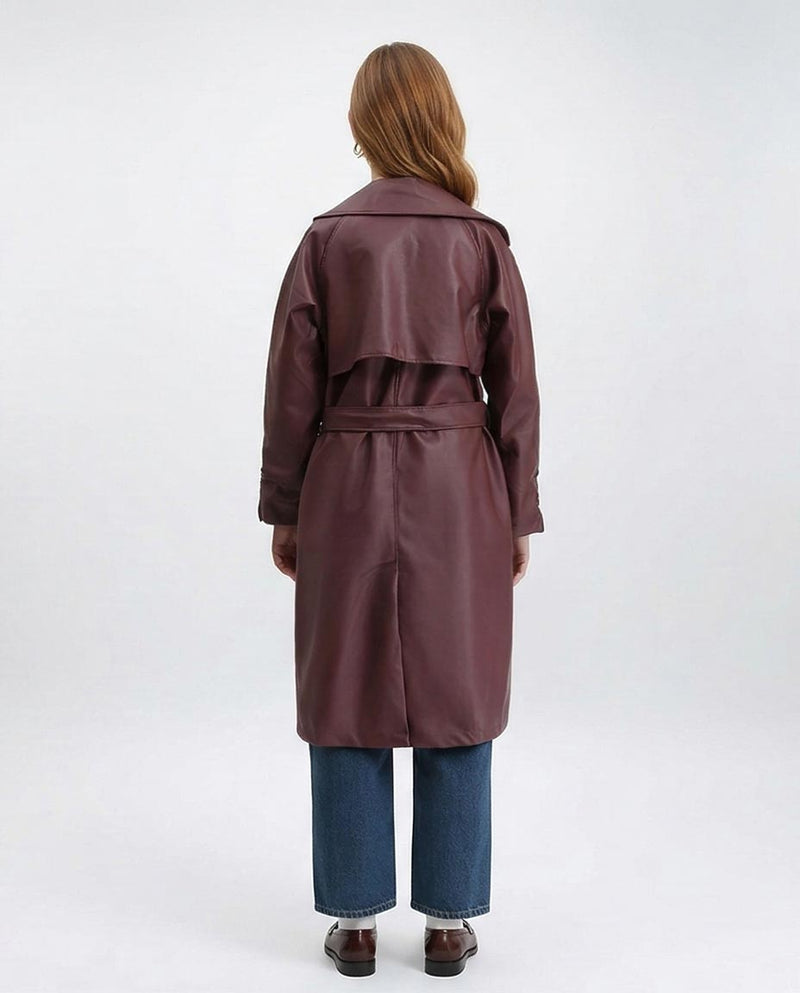 Ravin Burgundy Faux-Leather Belted Trench Coat - R211880