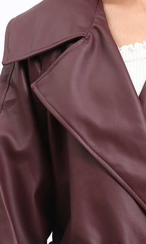 R211880 - Notched Lapel Buttoned Leather Coat - Burgundy