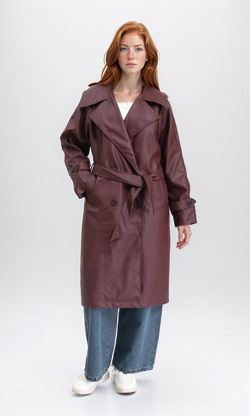 R211880 - Notched Lapel Buttoned Leather Coat - Burgundy