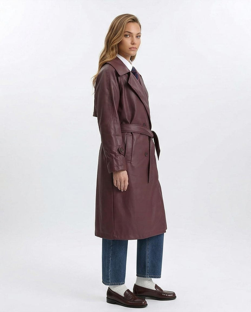Ravin Burgundy Faux-Leather Belted Trench Coat - R211880