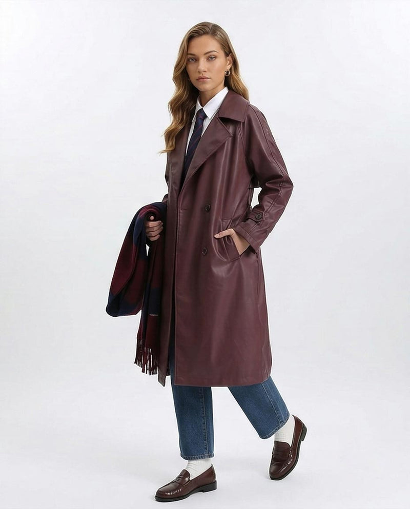 Ravin Burgundy Faux-Leather Belted Trench Coat - R211880