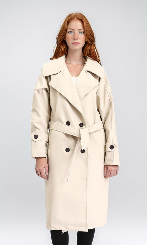 R211881 - Notched Lapel Buttoned Leather Coat - Cream