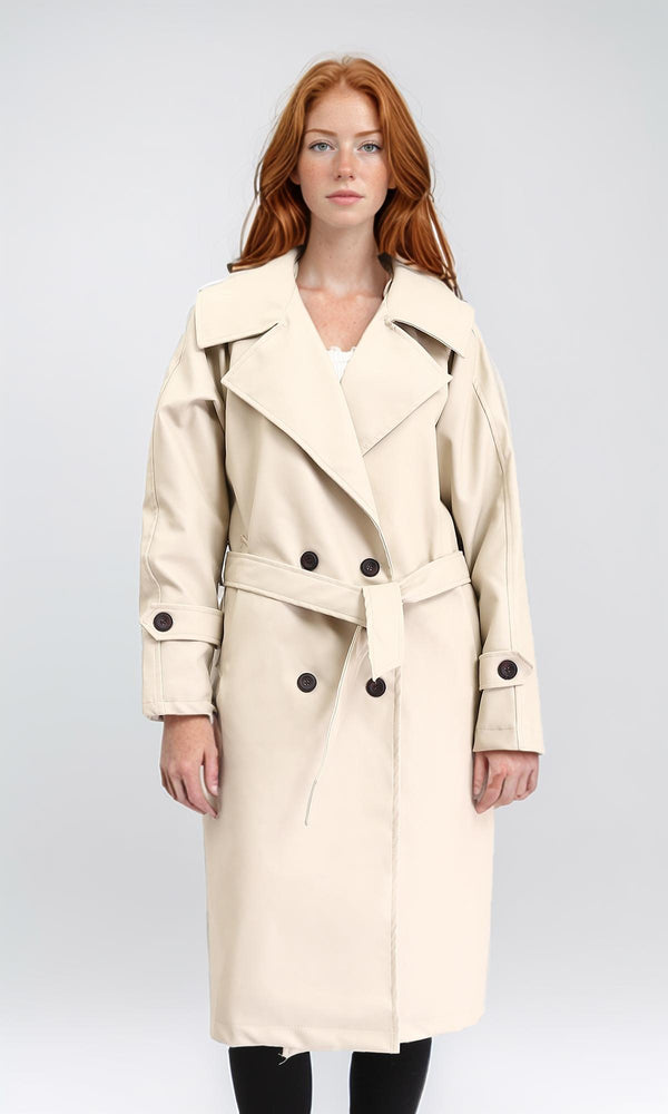 R211881 - Notched Lapel Buttoned Leather Coat - Cream