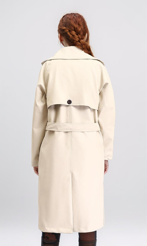 R211881 - Notched Lapel Buttoned Leather Coat - Cream