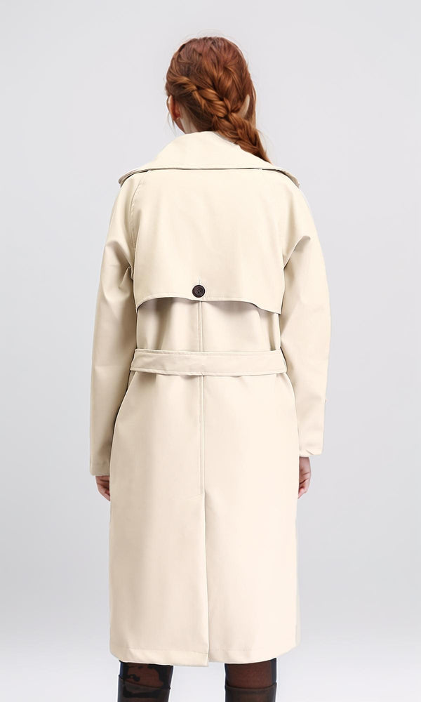 R211881 - Notched Lapel Buttoned Leather Coat - Cream