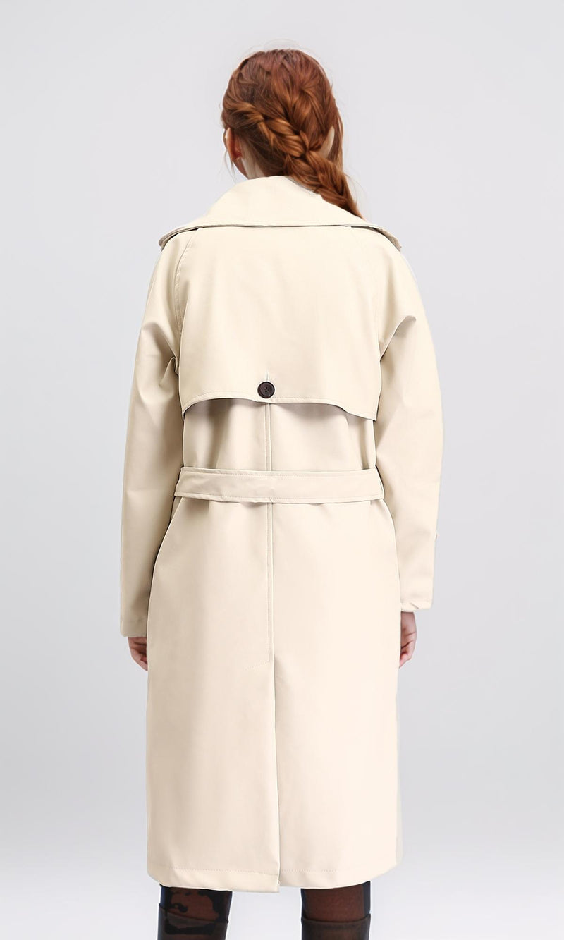 R211881 - Notched Lapel Buttoned Leather Coat - Cream