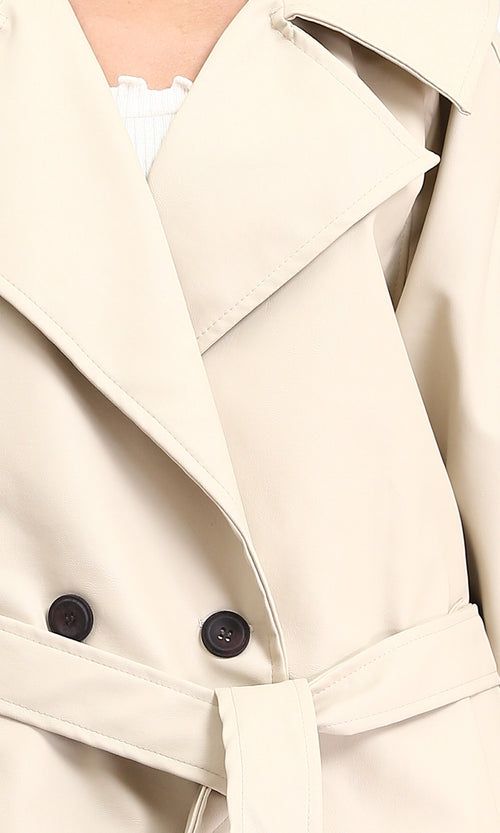 R211881 - Notched Lapel Buttoned Leather Coat - Cream