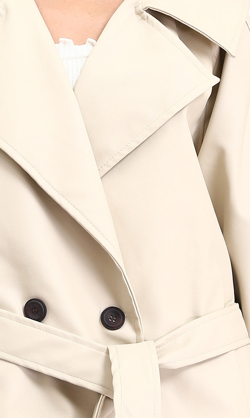 R211881 - Notched Lapel Buttoned Leather Coat - Cream