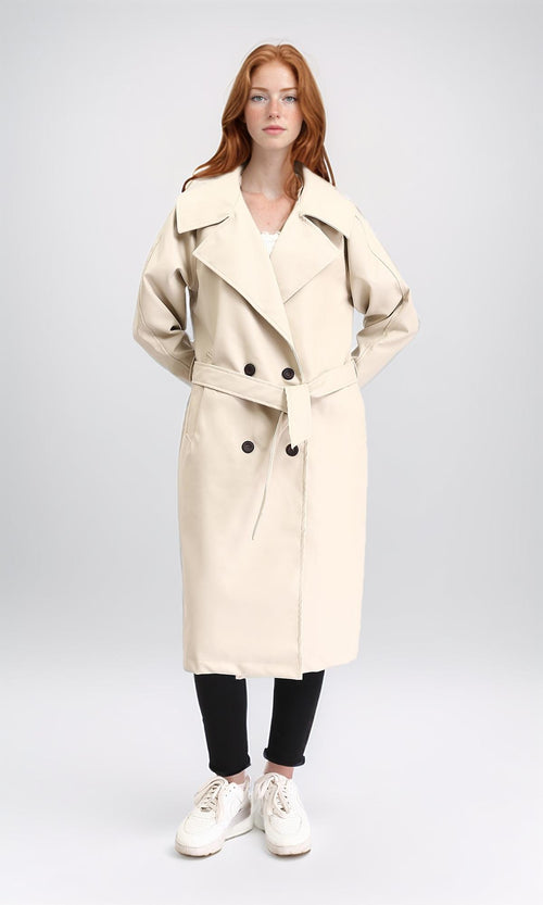 R211881 - Notched Lapel Buttoned Leather Coat - Cream