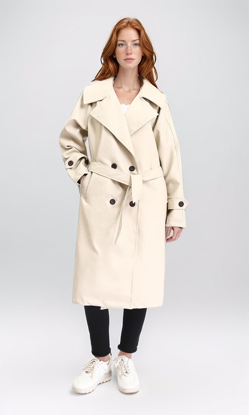 R211881 - Notched Lapel Buttoned Leather Coat - Cream