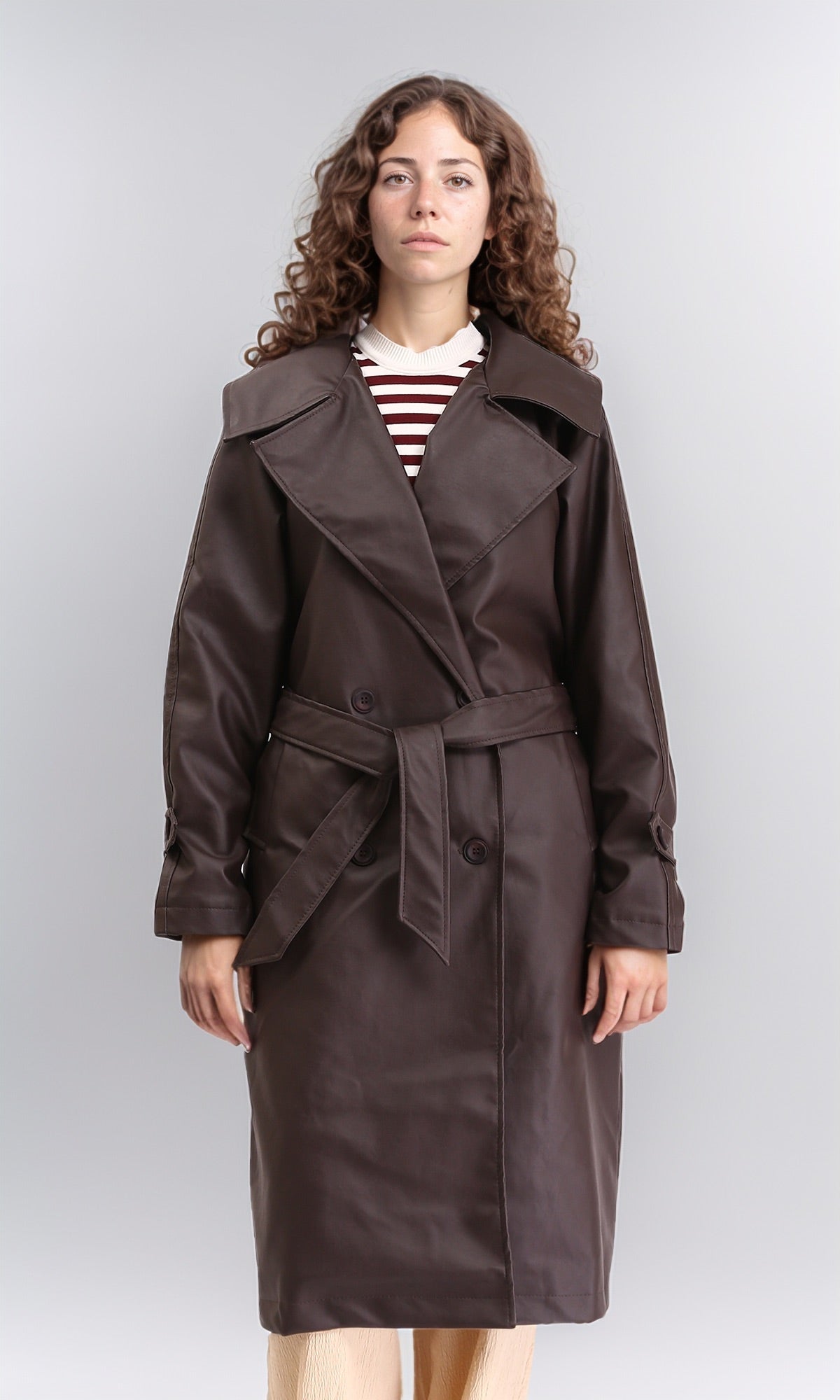 Buttoned Solid Leather Coat with Belt - Dark Brown