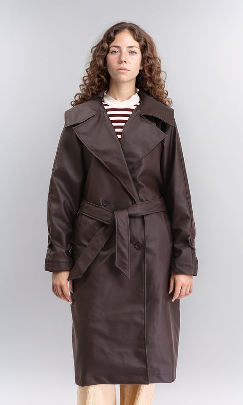 Buttoned Solid Leather Coat with Belt - Dark Brown