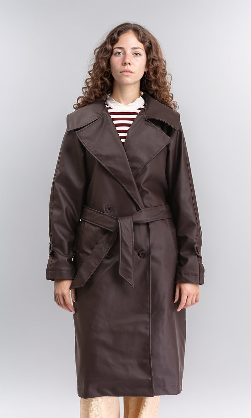 R211882 - Buttoned Solid Leather Coat with Belt - Dark Brown