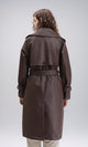 R211882 - Buttoned Solid Leather Coat with Belt - Dark Brown