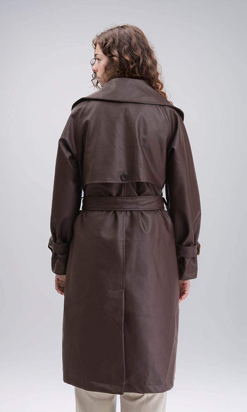R211882 - Buttoned Solid Leather Coat with Belt - Dark Brown