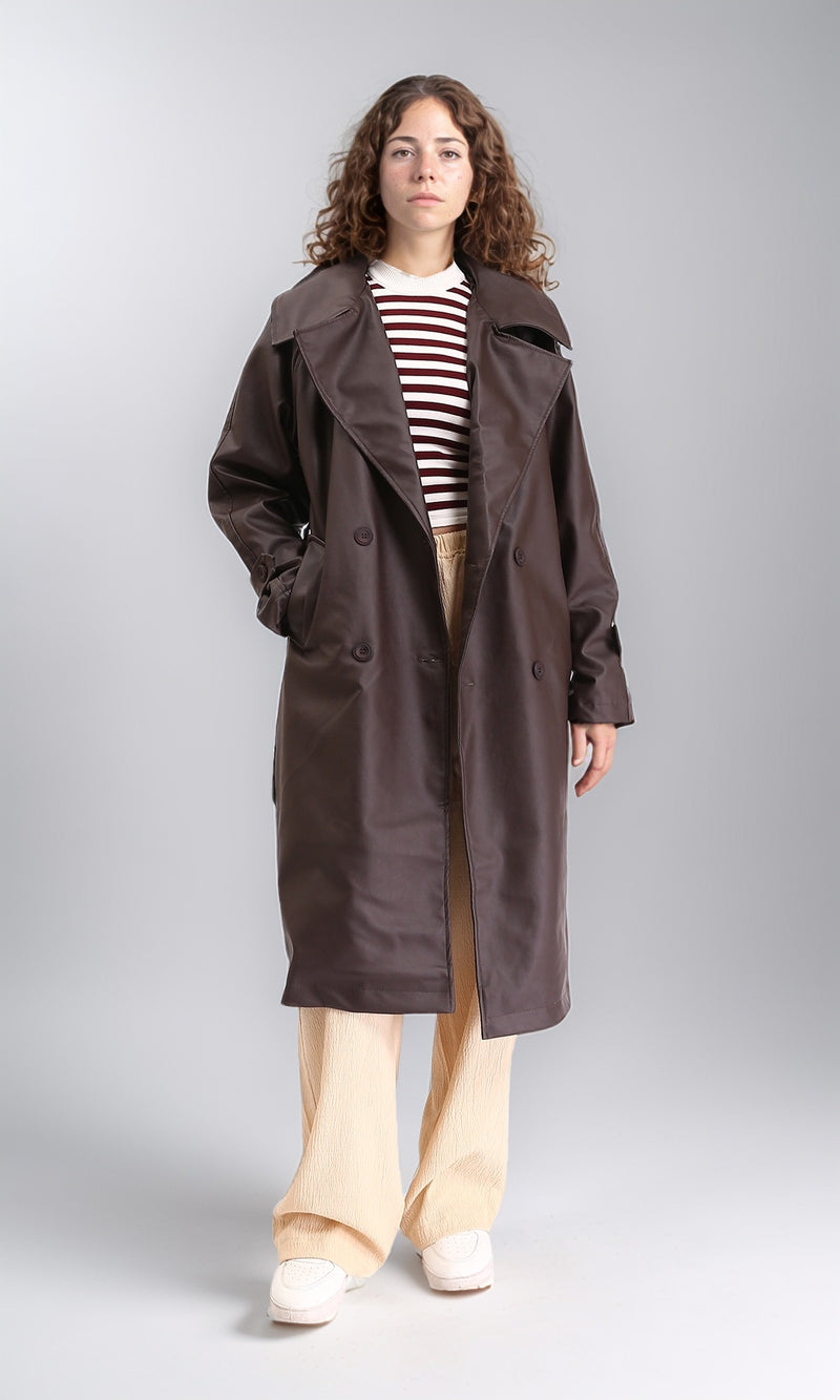 R211882 - Buttoned Solid Leather Coat with Belt - Dark Brown