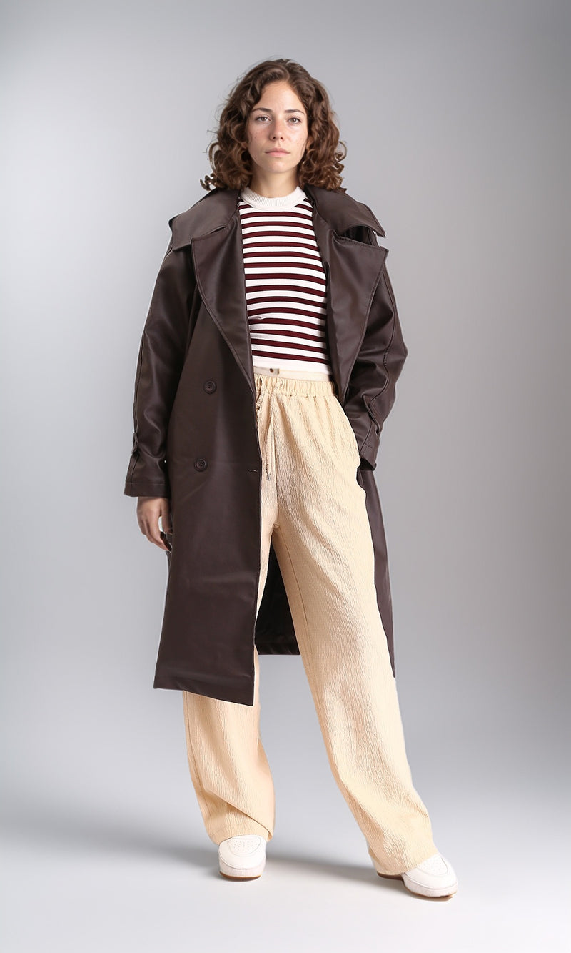 R211882 - Buttoned Solid Leather Coat with Belt - Dark Brown