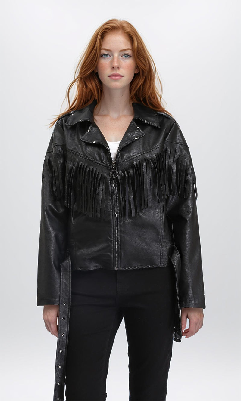 R211883 - Textured Leather Jacket with Front Fringes - Black