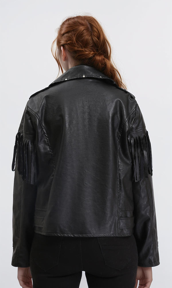 R211883 - Textured Leather Jacket with Front Fringes - Black