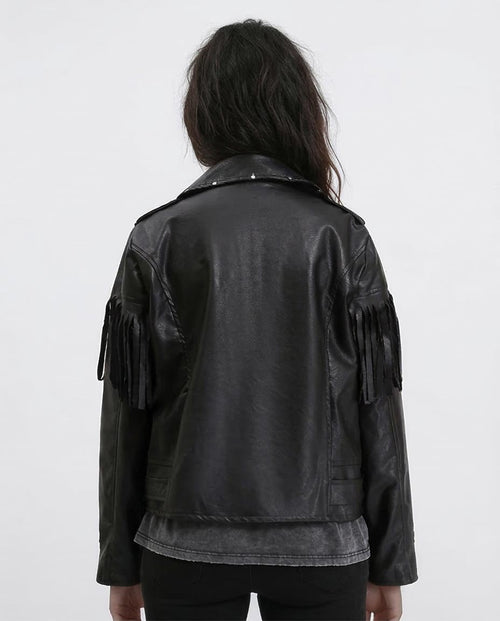 Ravin Western-Fringe Faux Leather Moto Jacket - Black - R211883