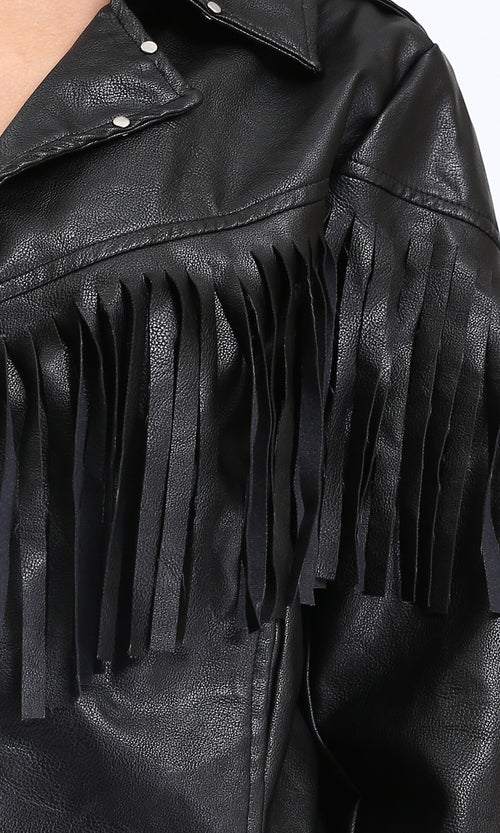 R211883 - Textured Leather Jacket with Front Fringes - Black