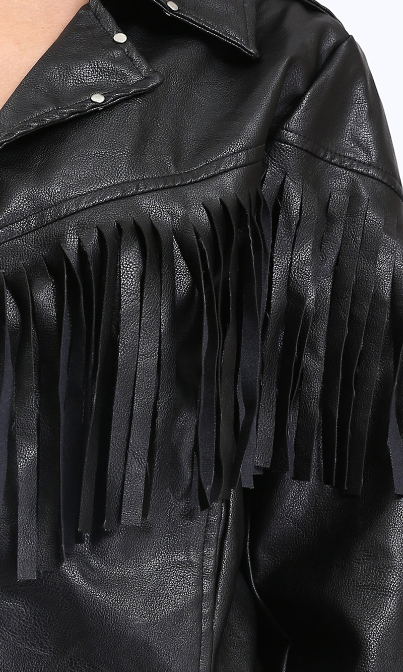 R211883 - Textured Leather Jacket with Front Fringes - Black