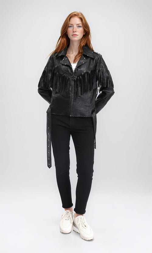 R211883 - Textured Leather Jacket with Front Fringes - Black