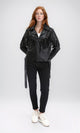 R211883 - Textured Leather Jacket with Front Fringes - Black