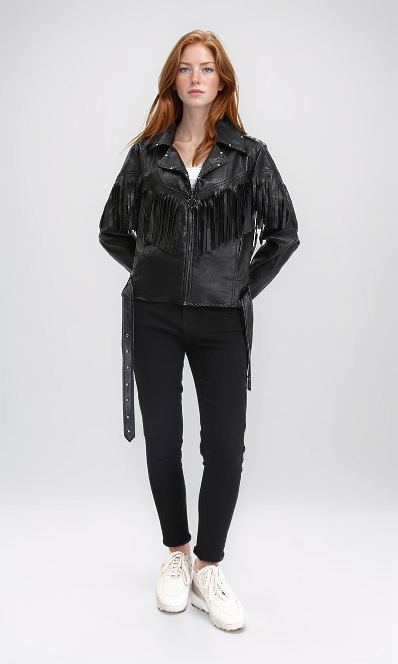 R211883 - Textured Leather Jacket with Front Fringes - Black