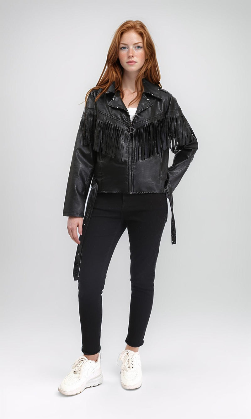 R211883 - Textured Leather Jacket with Front Fringes - Black