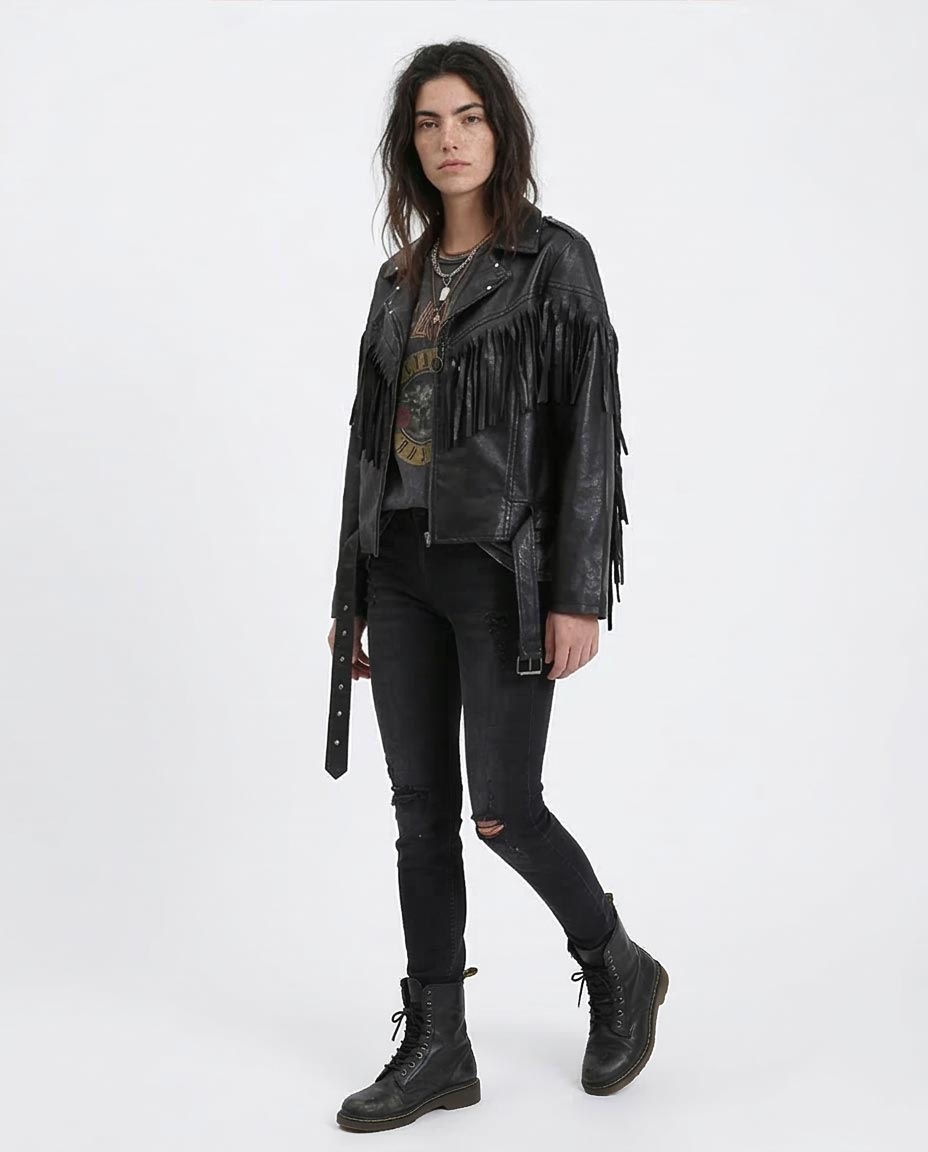 Ravin Western-Fringe Faux Leather Moto Jacket - Black - R211883