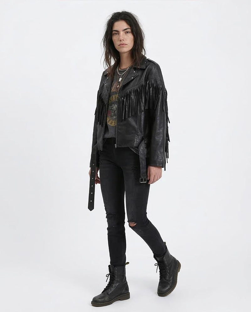 Ravin Western-Fringe Faux Leather Moto Jacket - Black - R211883