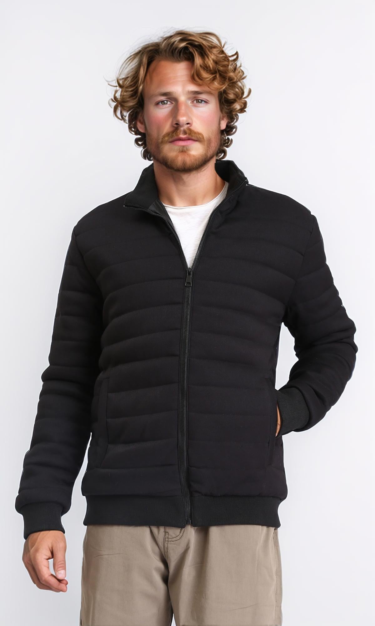 Casual Stitched Jacket with Side Pockets - Black