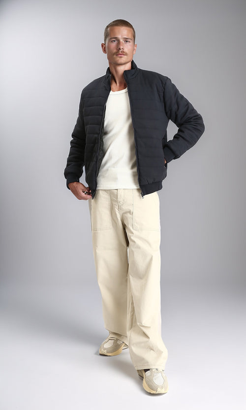 R212009 - Long Sleeves Bomber Jacket with Hem - Dark Navy Blue