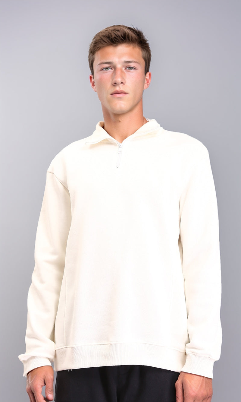 R212023 - Zipped Neck Solid Winter Sweater - Off-White